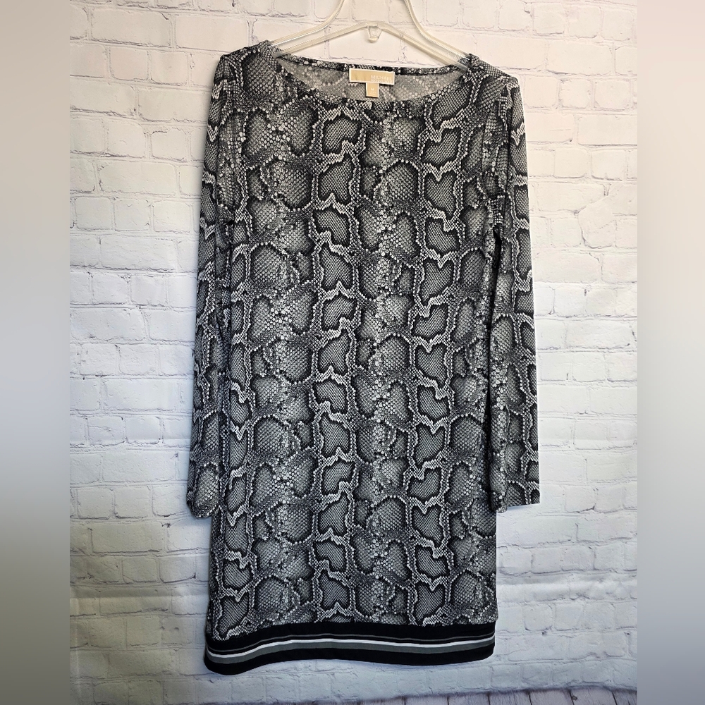 Michael Kors Black and Gray Snake Print Long Sleeve Dress